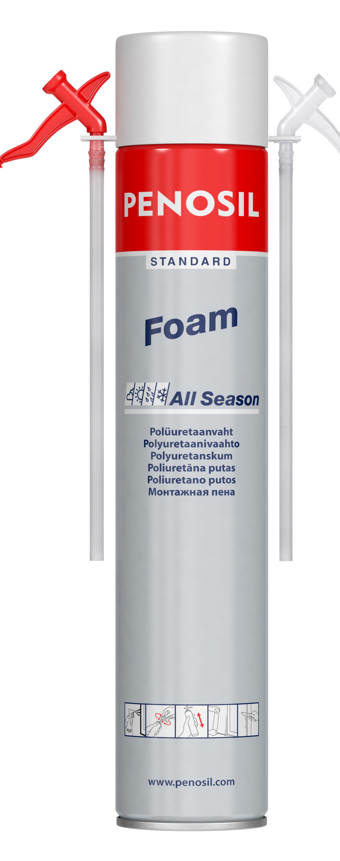 Изоляционная пена PENOSIL Standard Foam All Season с трубочкой-аппликатором для работ в различных погодных условиях.